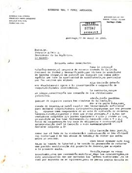 Carta desde la Sociedad Vial y Pérez, Abogados, del sr. Gonzalo Vial C. dirigida al Excmo. Sr. Patricio Aylwin A. Presidente de la República.