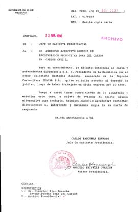 [Oficio  Gab. Pres. Ord. N° 2037 de Jefe de Gabinete Presidencial, remite copia de carta que se indica]