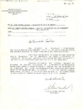 Solicitud de audiencia para una entrevista del Presidente de la República, Patricio Aylwin Azócar, con el director del periódico "Excelsior", Regino Díaz Redondo