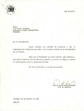 Carta de Carlos Bascuñán Edwards, Jefe de Gabinete Presidencial, a Luis Pareto González, Intendente de la Región Metropolitana, sobre solicitud de audiencia del alcalde de La Pintana