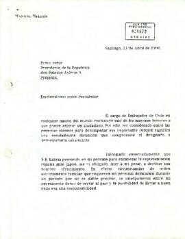 Carta del sr. Manuel Valdés dirigida al Exmo. señor Presidente de la República don Patricio Aylwin A.