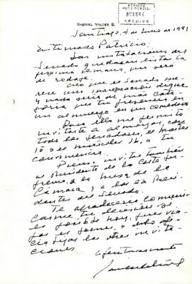Carta del sr. Gabriel Valdés S., dirigida a Estimado Patricio [Aylwin Azócar]