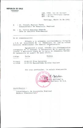 [Oficio Ord. N° 1417  de Jefe de Gabinete Presidencial, remite copia de carta que indica]