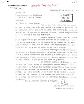 Carta de apoyo del obispo de linares Carlos Camus ante la reunión que sostendrá el presidente Patricio Aylwin con el general Augusto Pinochet