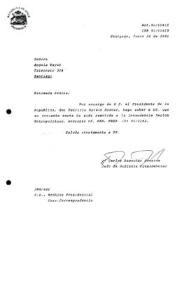[Informa que carta fue remitida a Intendencia Región Metropolitana, mediante Of, GAB. PRES. (0) 91/2153]