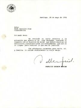 Carta de Patricio Aylwin Azócar al señor René Castillo Díaz, de la ciudad de Constitución