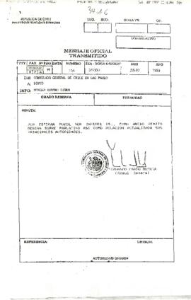 Mensaje Oficial Transmitido - De Consulado General de Chile en Sao Paulo A DIPRO - Fax N°156