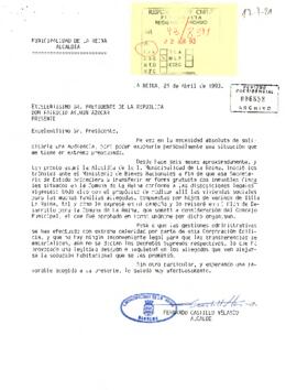 Carta desde la Municipalidad de La Reina, de su Alcalde, sr. Fernando Castillo Velasco, dirigida al Excelentísimo Presidente de la República Don Patricio Aylwin Azócar