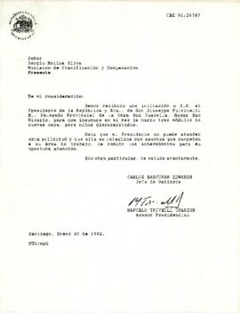 Carta de Carlos Bascuñán Edwards, Jefe de Gabinete Presidencial, a Sergio Molina Silva, Ministro de Planificación y Cooperación, sobre invitación de Giuseppe Pulcinelli para inauguración en Hogar San Ricardo