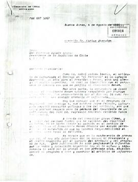 Fax desde la Embajada de Chile en Argentina, de su embajador, sr. Carlos Figueroa Serrano, dirigida al señor Patricio Aylwin Azócar, Presidente de la República de Chile