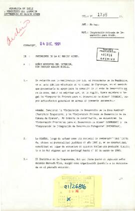 Ord. Nº 1735 del Intendente de la XI Región de Aysén, Hernán Valencia Gutiérrez a Enrique Krauss Rusque, Ministro del Interior, sobre Corporación Privada para el Desarrollo de Aysén (CODESA) y antecedentes institucionales