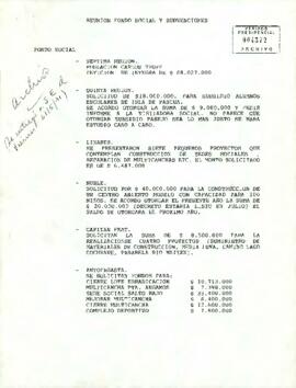 Documento de trabajo que consigna los acuerdos adoptados en una reunión del Fondo Social y Subvenciones, relativa a solicitudes de financiamiento presentadas por diversas regiones y comunas del país