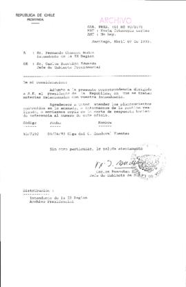 [Oficio Gab. Pres. Ord. N° 1678 de Jefe de Gabinete Presidencial, remite copia de carta que se indica]