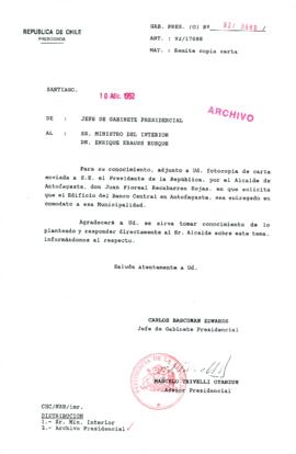 [Carta del Jefe de Gabinete de la Presidencia a Ministro del Interior]