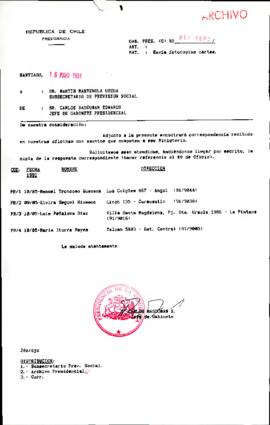 [Se remite fotocopia correspondencia a Subsecretario de Previsión Social]