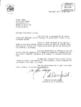 [Carta del Presidente Aylwin al Presidente de la República Argentina, enviando sus saludos].