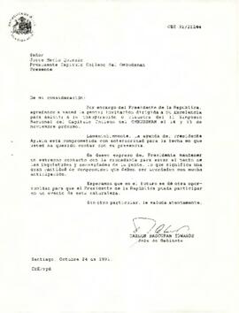 Carta de Carlos Bascuñán Edwards, Jefe de Gabinete Presidencial, a Jorge Mario Quinzio, Presidente Capítulo Chileno del Ombudsman, sobre invitación al Presidente de la República a II Simposio Nacional del Ombudsman
