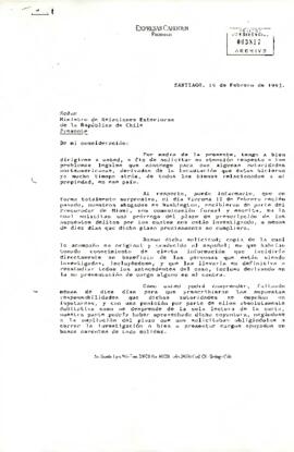 Carta desde la Presidencia de Empresas Cardoen, del sr. Carlos Cardoen Cornejo, dirigida al Señor Ministro de Relaciones Exteriores de la República de Chile
