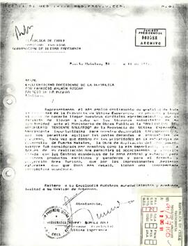 Carta desde la Gobernación de Última Esperanza, del Gob. Manuel Suárez Arce, dirigida al Excelentísimo Presidente de la República, Don Patricio Aylwin Azócar