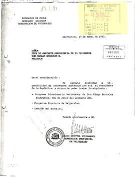 Carta desde la Gobernación de Valparaíso, del Gob. Provincial, sr. Hardy Knittel Villarroel, dirigida al sr. Jefe de Gabinete Presidencia de la República, Don Carlos Bascuñán E.