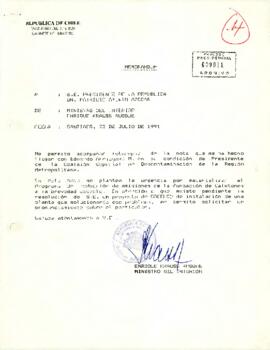 Memorándum desde el Ministerio del Interior, del sr. ministro Enrique Krauss Rusque, dirigido a S.E. El Presidente de la República. Don Patricio Aylwin Azócar