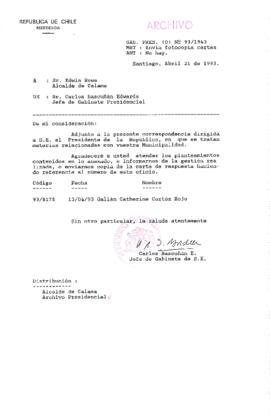 [Oficio Gab. Pres. Ord. N° 1943 de Jefe de Gabinete Presidencial, remite copia de carta]