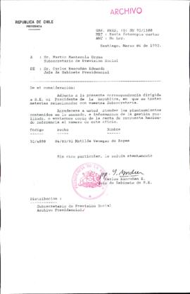[Carta del Jefe de Gabinete de la Presidencia a Subsecretario de Previsión Social]