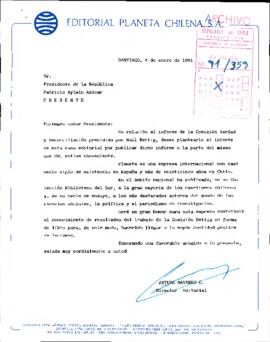 [Carta de Editorial Planeta manifestando interés en publicar Informe Rettig]