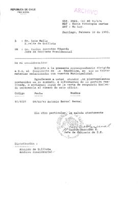 [Oficio  Gab. Pres. Ord. N° 0674  de Jefe de Gabinete Presidencial, remite copia de carta que se indica]