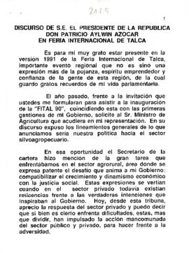 Discurso de S.E. El Presidente de la República Don Patricio Aylwin Azócar en feria Internacional de Talca