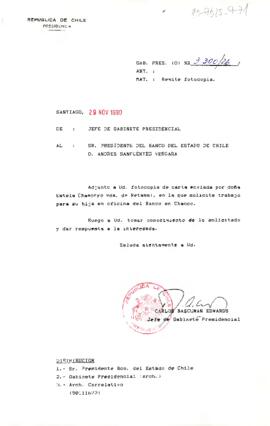 [Carta del Jefe de Gabinete Presidencial a Presidente del Banco del Estado de Chile, Andrés Sanfuentes]