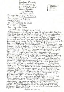 Carta desde la República Federal de Alemania, del sr. Joachim Klotsche, dirigida al Señor Patricio Aylwin, Presidencia de la República de Chile