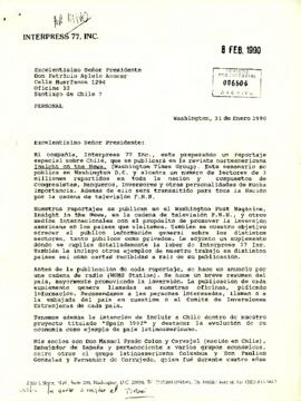 Carta desde Washington, USA, de Interpress 77, INC, de su Presidenta, sra. Marisa Baquero, dirigida al Excelentísimo Señor Presidente Don Patricio Aylwin Azocar