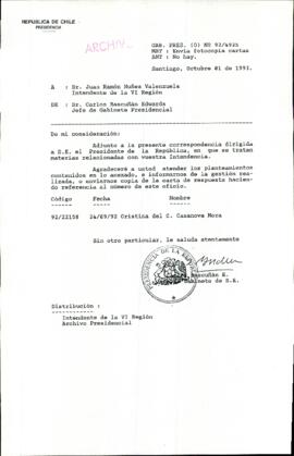 [Carta del Jefe de Gabinete de la Presidencia a Intendente de la VI Región]