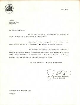 Carta de Carlos Bascuñán Edwards, Jefe de Gabinete Presidencial, a Haroldo Soto, sobre solicitud de audiencia con el Presidente de la República
