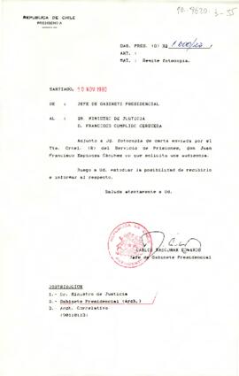 [Carta de Jefe de Gabinete a Ministro de Justicia remitiendo carta con solicitud de audiencia de Crnel. Juan Espinoza]