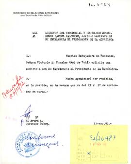 Carta del Director del Ceremonial y Protocolo del Ministerio de RR.EE. sr. C. Klammer B., dirigida al Señor Carlos Bascuñán, Jefe de Gabinete de su Excelencia el Presidente de la República, con referencia a la embajadora chilena en Honduras