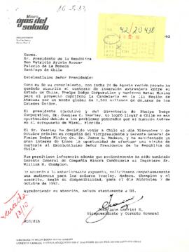 Carta desde Minera Ojos del Salado, de su Vicepresidente y Gerente General, sr. José Luis Gorrini S., dirigida al Excmo. Sr. Presidente de la República Don Patricio Aylwin Azocar