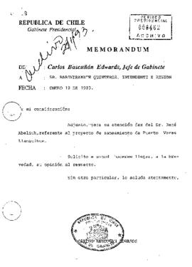 Memorándum de Carlos Bascuñán Edwards, Jefe de Gabinete, dirigido a sr. Rabindranath Quinteros, Intendente X Región