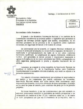 Carta desde el Partido Renovación Nacional, de su Presidente, sr. Andrés Allamand, dirigida al Excelentísimo Señor Presidente de la República, Don Patricio Aylwin Azócar