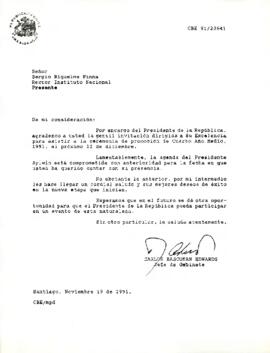 Carta de Carlos Bascuñán Edwards, Jefe de Gabinete Presidencial, a Sergio Riquelme Pinna, Rector Instituto Nacional, sobre invitación al Presidente de la República a ceremonia de promoción de Cuarto Año Medio
