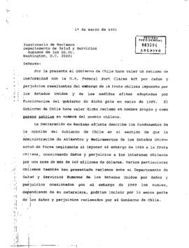 Carta del Embajador de Chile en Estados Unidos, sr. Patricio Silva, dirigida a Funcionario de Reclamos del Departamento de Salud y Servicios Humanos de los Estados Unidos