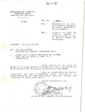 Carta desde el Ministerio del Trabajo y Previsión Social, del Jefe de Gabinete (S), sr. Guillermo...