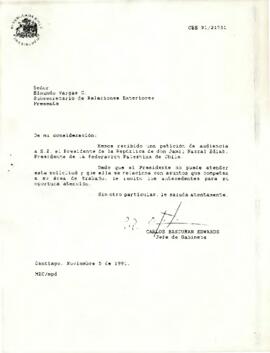 Carta de Carlos Bascuñán Edwards, Jefe de Gabinete Presidencial, a Edmundo Vargas, Subsecretario de Relaciones Exteriores, sobre solicitud de audiencia para Jamil Nazzal Ediab, Presidente de la Federación Palestina de Chile