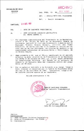 [Oficio del Jefe de Gabinete Presidencial dirigido al Jefe de la División Jurídico Legislativa, referente a solicitud del Diputado Teodoro Ribera Neumann]