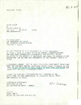 Fax del Presidente del Partido Nea Demokratia Party - Greece, sr. Constantin Mitsotakis, dirigido al sr. Patricio Aylwin Azócar, Presidente de la República