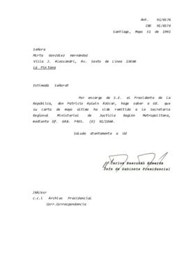 Carta remitida a la Secretaría Regional Ministerial de Justicia Reglón Metropolitana