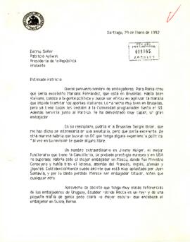 Carta desde la Presidencia del Senado, del sr. Gabriel Valdés S., dirigida al Excmo. Señor Patricio Aylwin Presidente de la República Presente