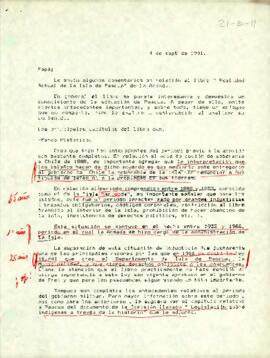 Carta de José [Antonio Aylwin Oyarzún] a su Papá [Patricio Aylwin Azócar] entregándole comentarios sobre libro " Realidad Actual de la Isla de Pascua" de la Armada.
