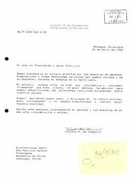 [Carta de Presidenta de Nicaragua a S.E El Presidente Patricio Aylwin]
